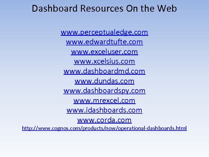 Dashboard Resources On the Web www. perceptualedge. com www. edwardtufte. com www. exceluser. com