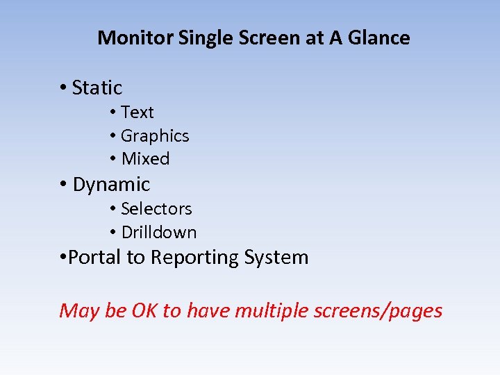 Monitor Single Screen at A Glance • Static • Text • Graphics • Mixed