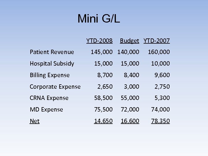 Mini G/L YTD-2008 Patient Revenue Hospital Subsidy Budget YTD-2007 145, 000 140, 000 160,