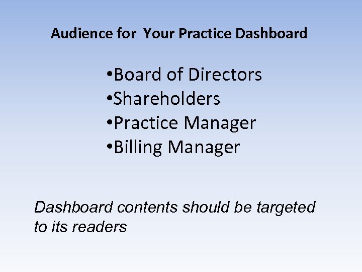 Audience for Your Practice Dashboard • Board of Directors • Shareholders • Practice Manager