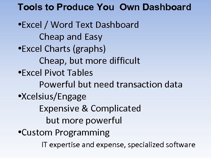 Tools to Produce You Own Dashboard • Excel / Word Text Dashboard Cheap and