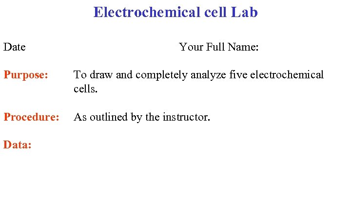 Electrochemical cell Lab Date Your Full Name: Purpose: To draw and completely analyze five