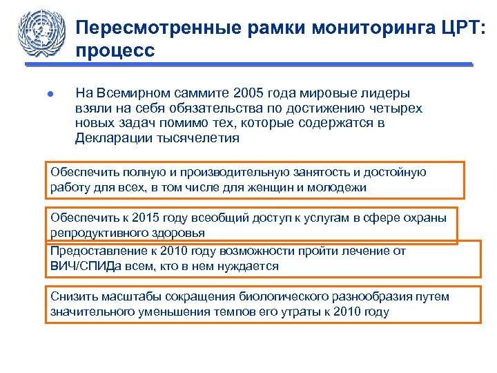 Пересмотренные рамки мониторинга ЦРТ: процесс ● На Всемирном саммите 2005 года мировые лидеры взяли