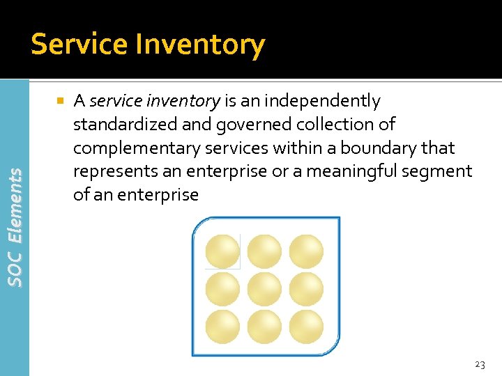 Service Inventory SOC Elements A service inventory is an independently standardized and governed collection