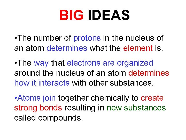 BIG IDEAS • The number of protons in the nucleus of an atom determines