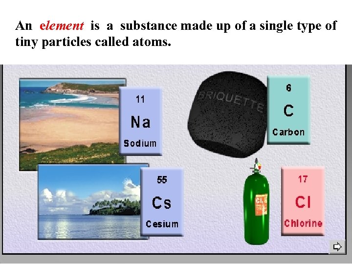 An element is a substance made up of a single type of tiny particles