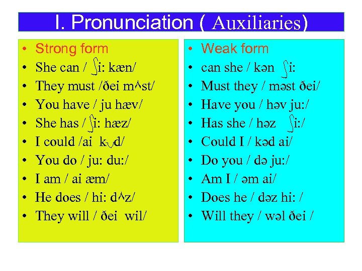 I. Pronunciation ( Auxiliaries) • • • Strong form She can / i: kæn/