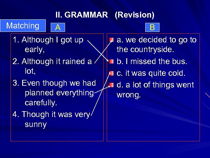 II. GRAMMAR (Revision) Matching A B 1. Although I got up a. we decided