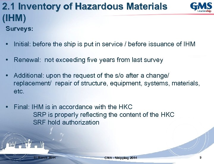 2. 1 Inventory of Hazardous Materials (IHM) Surveys: • Initial: before the ship is