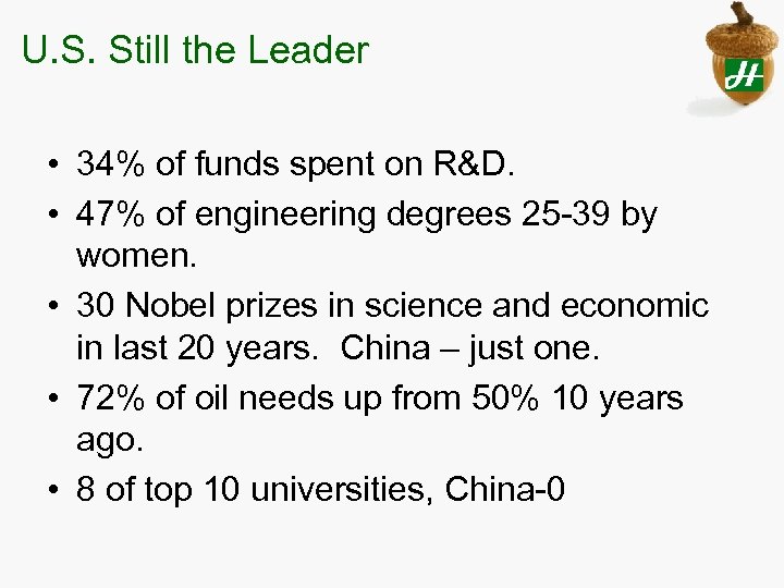 U. S. Still the Leader • 34% of funds spent on R&D. • 47%