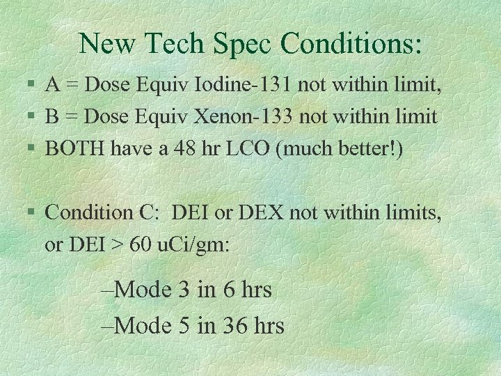 New Tech Spec Conditions: § A = Dose Equiv Iodine-131 not within limit, §