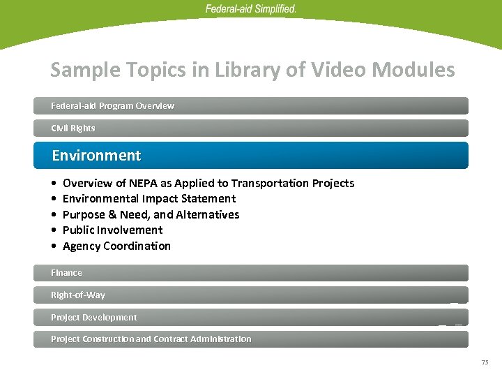 Sample Topics in Library of Video Modules Federal-aid Program Overview Civil Rights Environment •