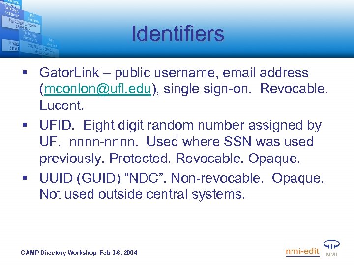Identifiers § Gator. Link – public username, email address (mconlon@ufl. edu), single sign-on. Revocable.
