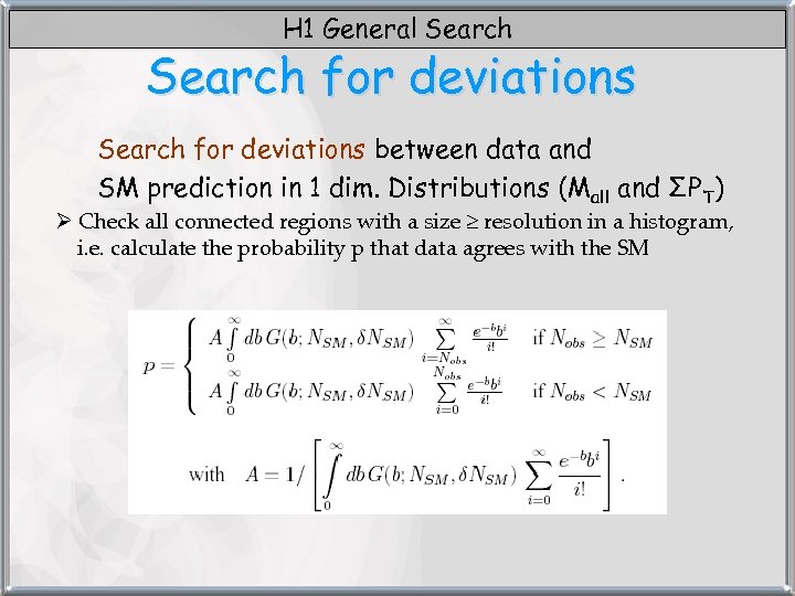H 1 General Search for deviations between data and SM prediction in 1 dim.