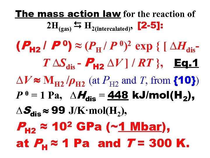 The mass action law for the reaction of 2 H(gas) H 2(intercalated), [2 -5]: