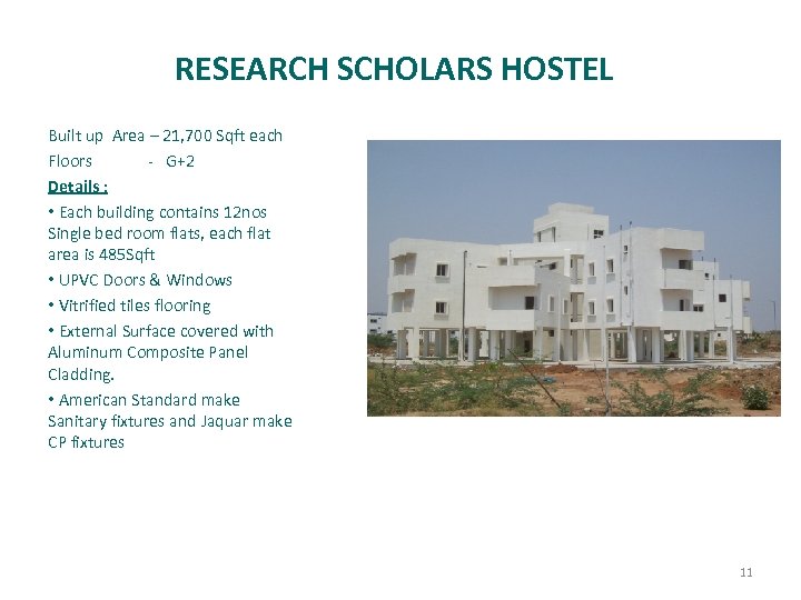 RESEARCH SCHOLARS HOSTEL Built up Area – 21, 700 Sqft each Floors - G+2