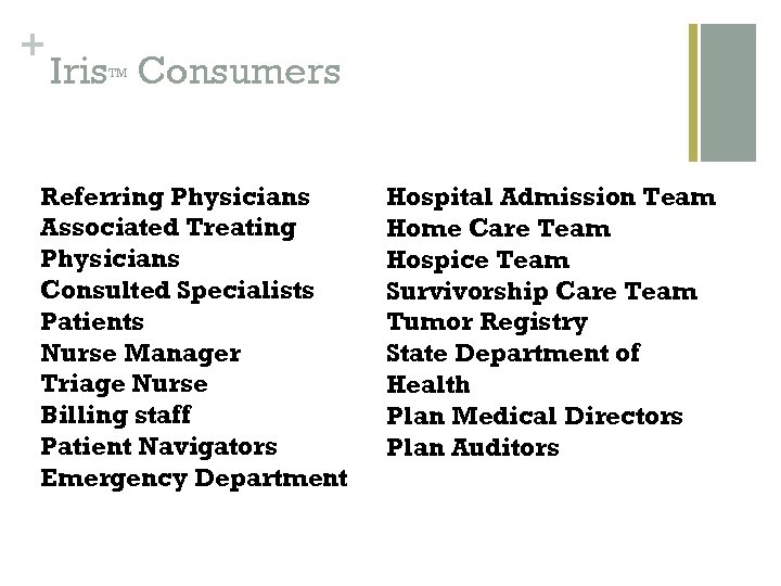 + Iris Consumers TM Referring Physicians Associated Treating Physicians Consulted Specialists Patients Nurse Manager