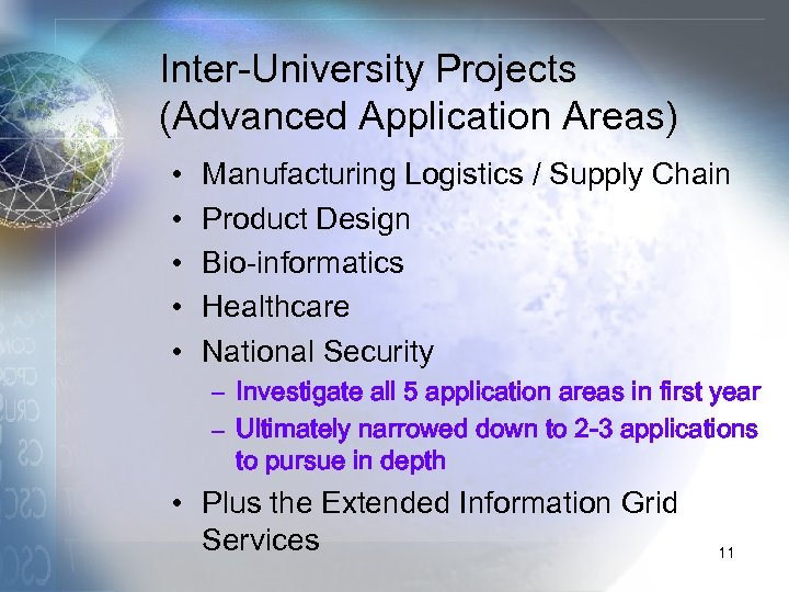Inter-University Projects (Advanced Application Areas) • • • Manufacturing Logistics / Supply Chain Product