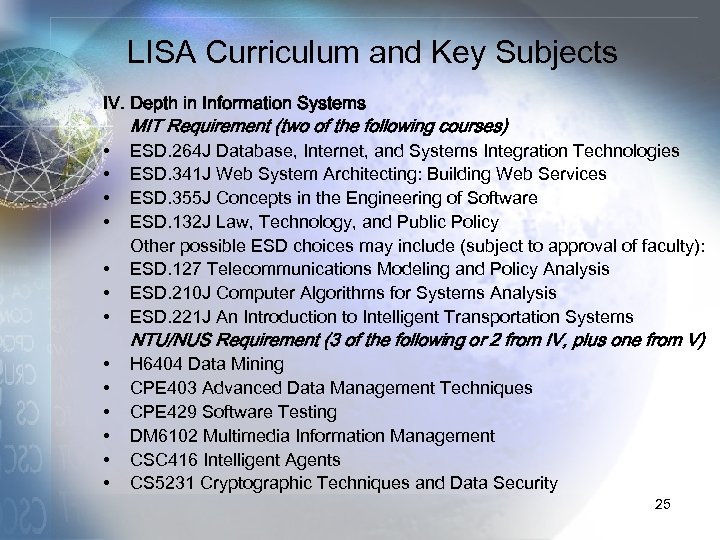 LISA Curriculum and Key Subjects IV. Depth in Information Systems • • MIT Requirement
