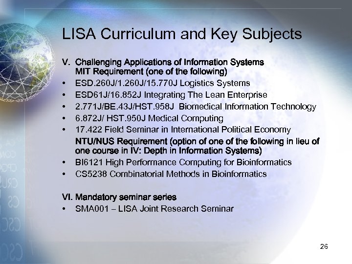 LISA Curriculum and Key Subjects V. Challenging Applications of Information Systems MIT Requirement (one