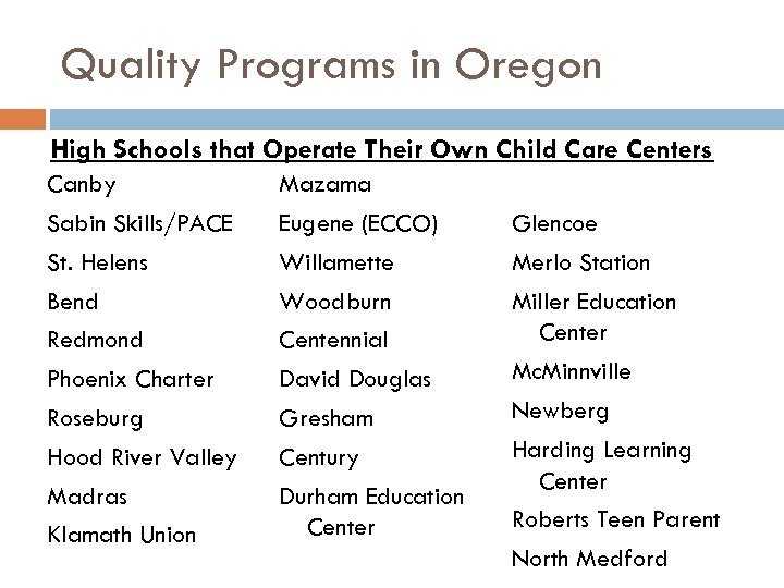 Quality Programs in Oregon High Schools that Operate Their Own Child Care Centers Canby