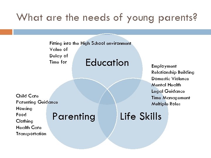 What are the needs of young parents? Fitting into the High School environment Value