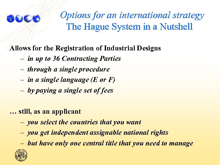Options for an international strategy The Hague System in a Nutshell Allows for the
