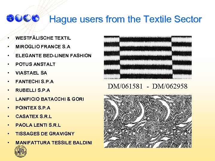 Hague users from the Textile Sector • WESTFÄLISCHE TEXTIL • MIROGLIO FRANCE S. A