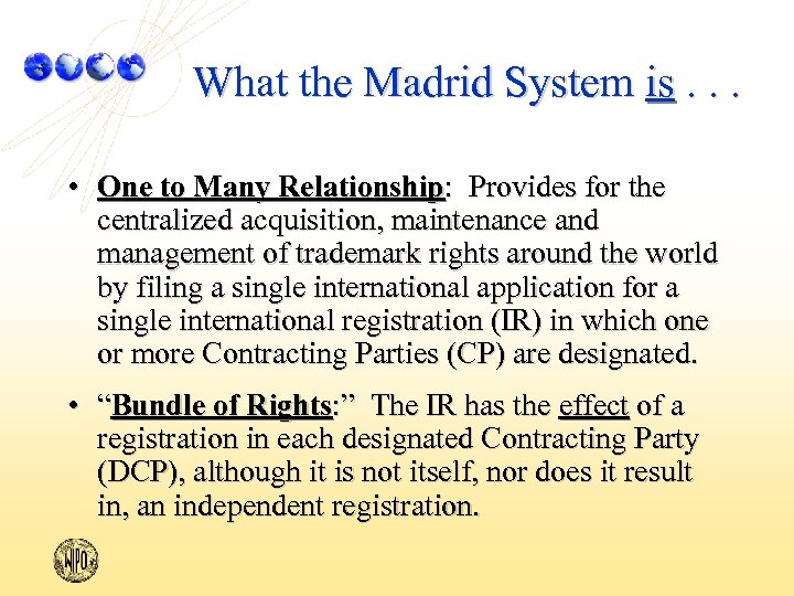 What the Madrid System is. . . • One to Many Relationship: Provides for