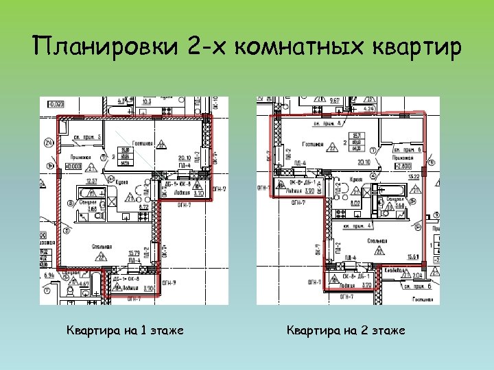 Планировки 2 -х комнатных квартир Квартира на 1 этаже Квартира на 2 этаже 