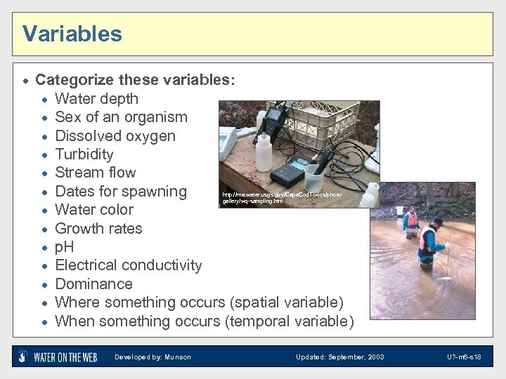 Variables · Categorize these variables: · Water depth · Sex of an organism ·