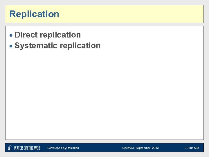 Replication · Direct replication · Systematic replication Developed by: Munson Updated: September, 2003 U?