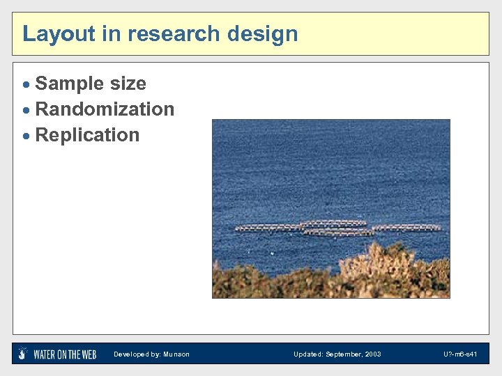 Layout in research design · Sample size · Randomization · Replication Developed by: Munson