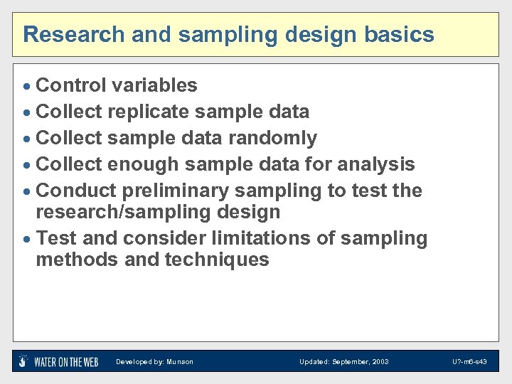 Research and sampling design basics · Control variables · Collect replicate sample data ·