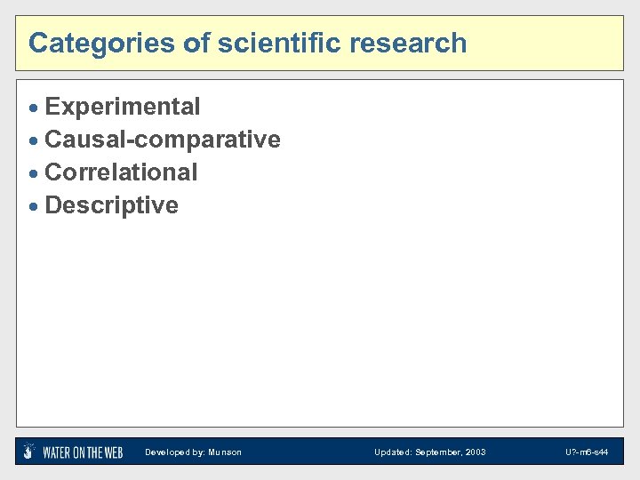 Categories of scientific research · Experimental · Causal-comparative · Correlational · Descriptive Developed by: