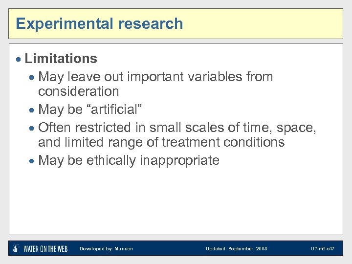 Experimental research · Limitations · May leave out important variables from consideration · May
