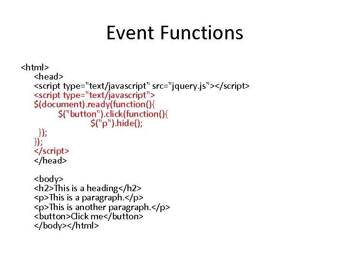 Event Functions <html> <head> <script type="text/javascript" src="jquery. js"></script> <script type="text/javascript"> $(document). ready(function(){ $("button"). click(function(){