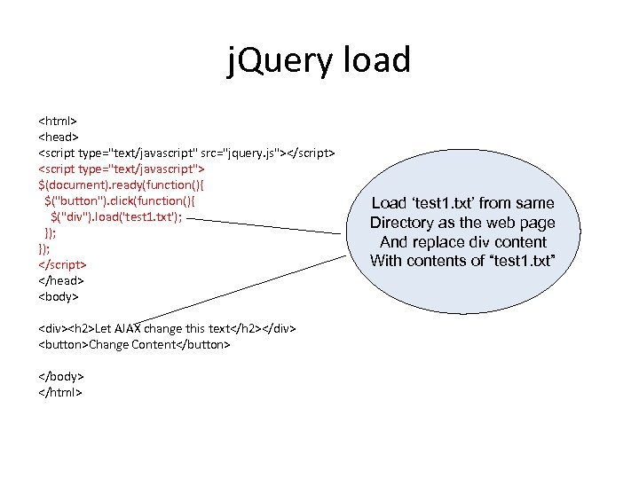 j. Query load <html> <head> <script type="text/javascript" src="jquery. js"></script> <script type="text/javascript"> $(document). ready(function(){ $("button").