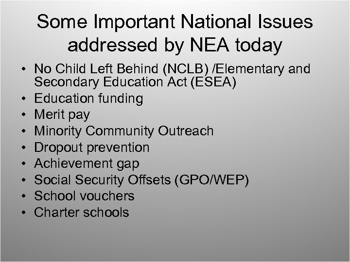 Some Important National Issues addressed by NEA today • No Child Left Behind (NCLB)