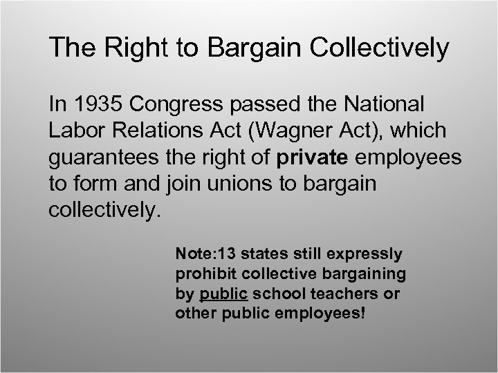 The Right to Bargain Collectively In 1935 Congress passed the National Labor Relations Act