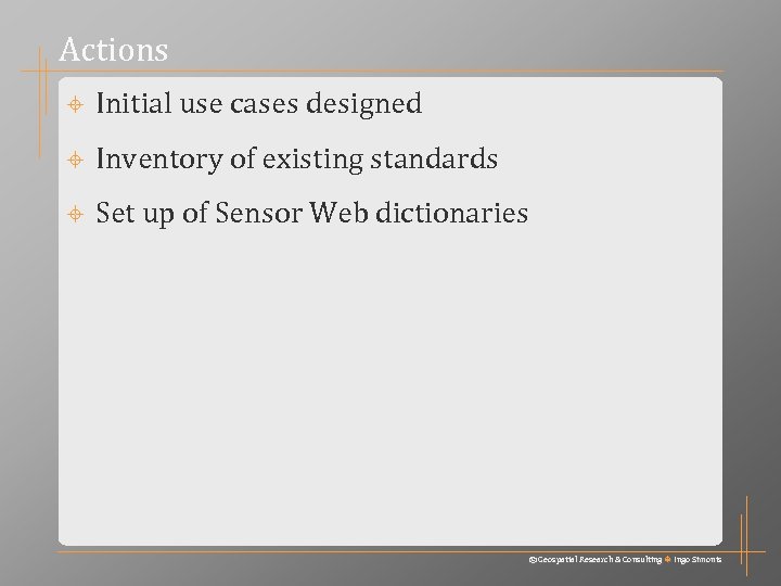 Actions Initial use cases designed Inventory of existing standards Set up of Sensor Web