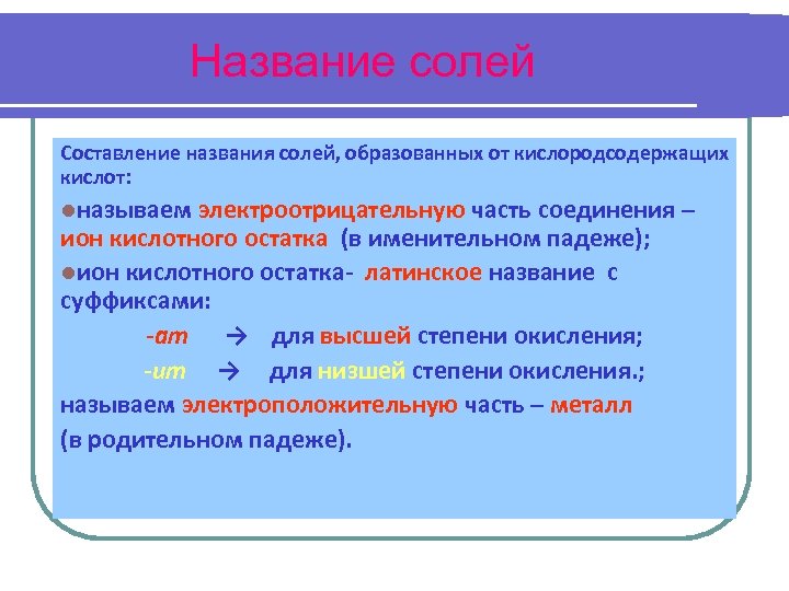 Название солей Составление названия солей, образованных от кислородсодержащих кислот: lназываем электроотрицательную часть соединения –