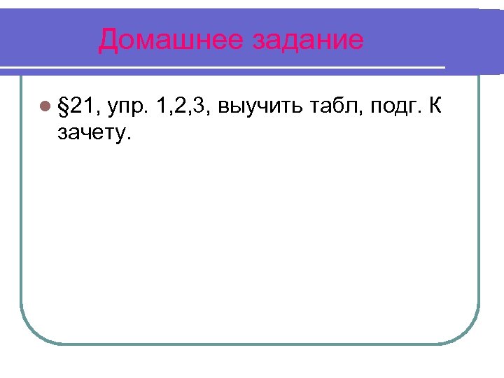 Домашнее задание l § 21, упр. 1, 2, 3, выучить табл, подг. К зачету.