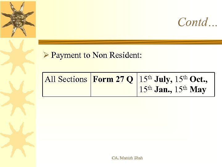 Contd… Ø Payment to Non Resident: All Sections Form 27 Q 15 th July,