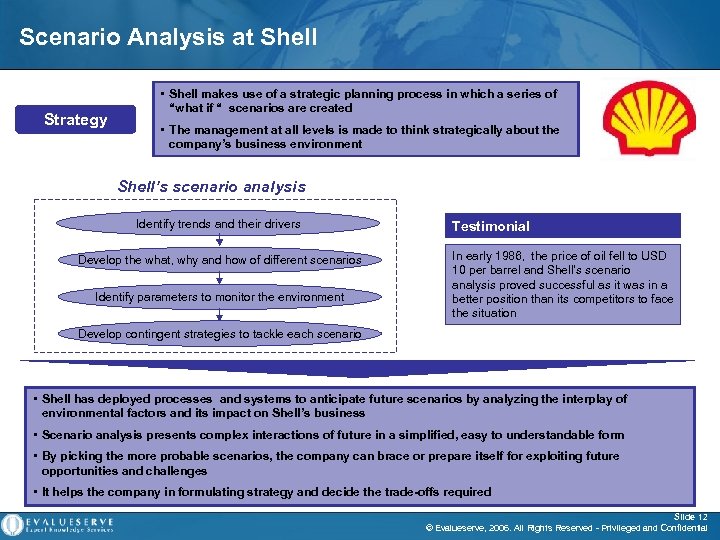 Scenario Analysis at Shell Strategy • Shell makes use of a strategic planning process