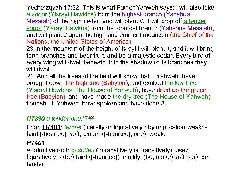 Yechetzqyah 17: 22 This is what Father Yahweh says: I will also take a