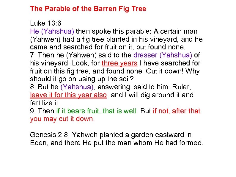The Parable of the Barren Fig Tree Luke 13: 6 He (Yahshua) then spoke