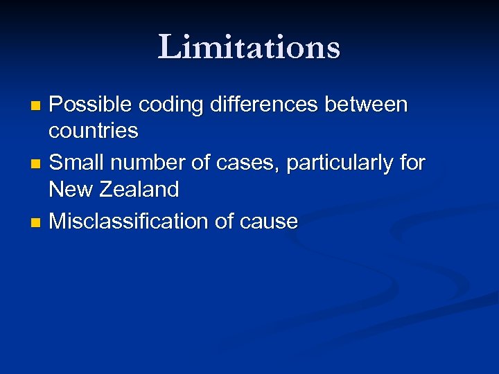 Limitations Possible coding differences between countries n Small number of cases, particularly for New