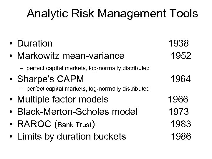 Analytic Risk Management Tools • Duration • Markowitz mean-variance 1938 1952 – perfect capital