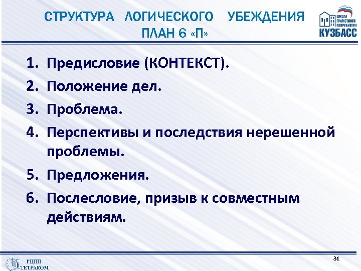 СТРУКТУРА ЛОГИЧЕСКОГО УБЕЖДЕНИЯ ПЛАН 6 «П» 1. 2. 3. 4. Предисловие (КОНТЕКСТ). Положение дел.